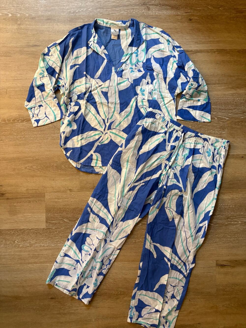Natori 100% Cotton Sateen Tropical Palms Pajama Set - Blue/White